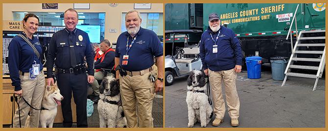 (Left) LAJH volunteer Steve Zoniz and Certified Therapy Dog Rudy joined by LAPD Chief of Police Jim McDonnell and staff (Right) Zoniz and Rudy outside of the Sherrif’s Mobile Emergency Unit